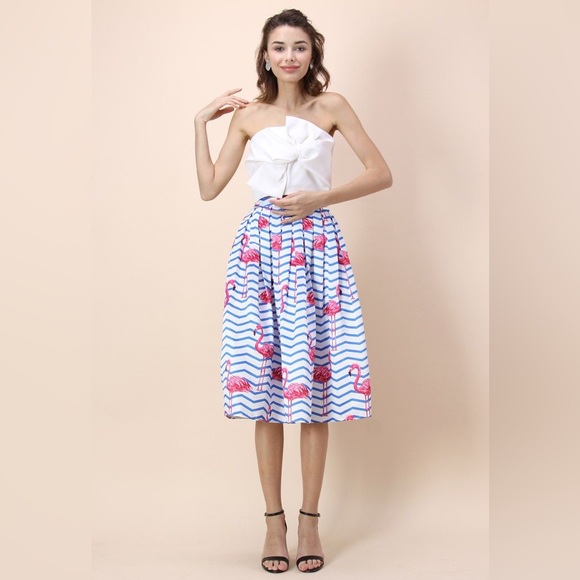 Pink Flamingo Nautical Blue White Stripe High Waisted Full Midi Skirt - Picture 13 of 16